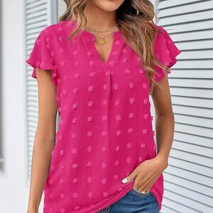Beautiful pink ruffle short sleeve blouse, women’s size Medium (fits US 8–10).
